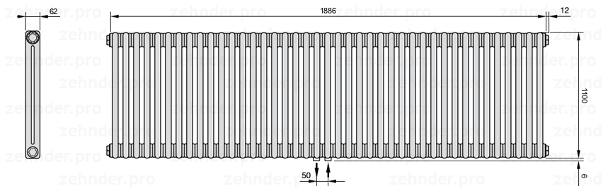 Схема (чертеж) Радиатор Zehnder Charleston 2110/41 №5410 Белый глянцевый RAL 9016